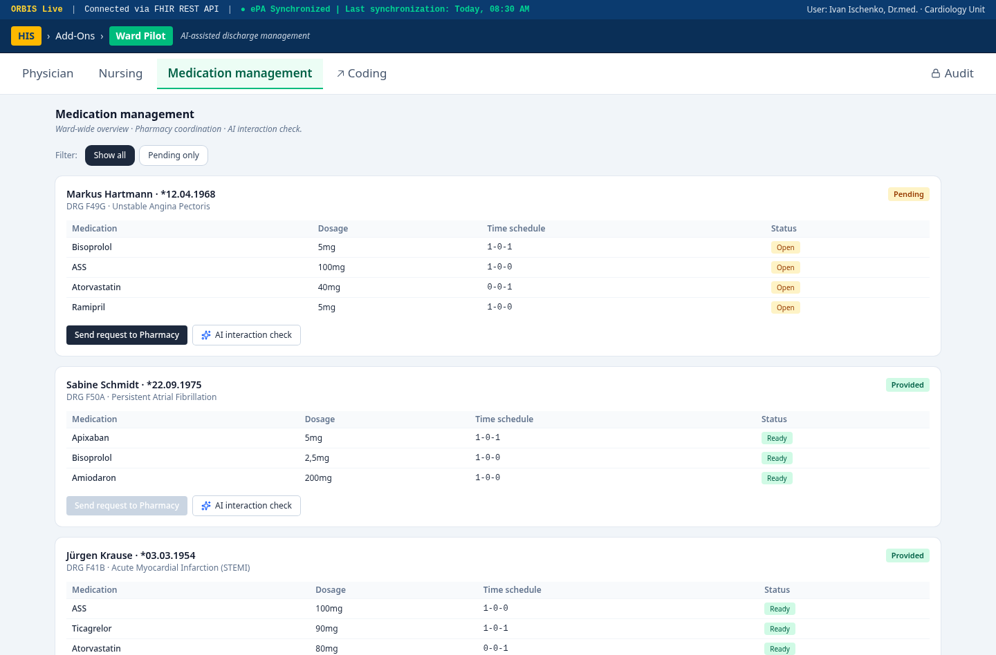 WardPilot prototype — Medication management & interaction checks
