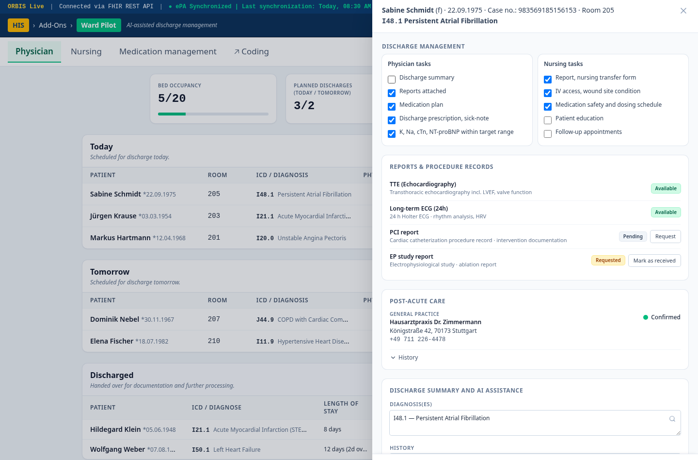 WardPilot prototype — Patient discharge management & AI writing assistant